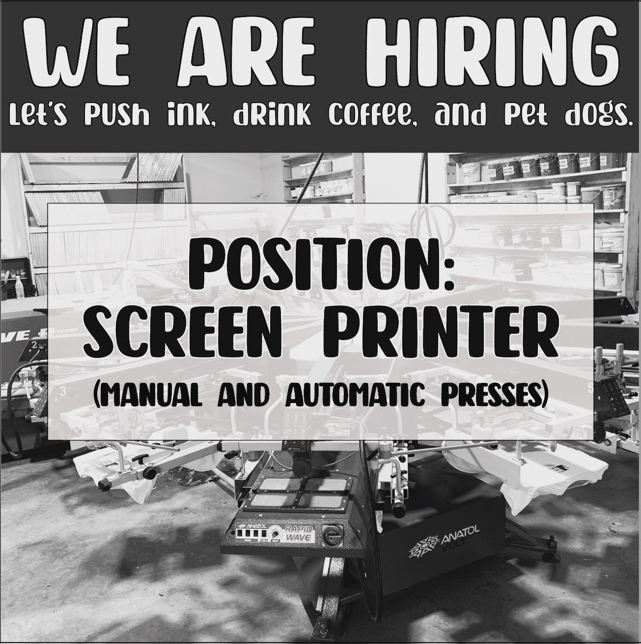 We are looking to add a member to our team! This is a full time position in our print room on a multi colored manual or automatic print press! Message us if you&rsquo;d like to start a conversation. #teamblackbird