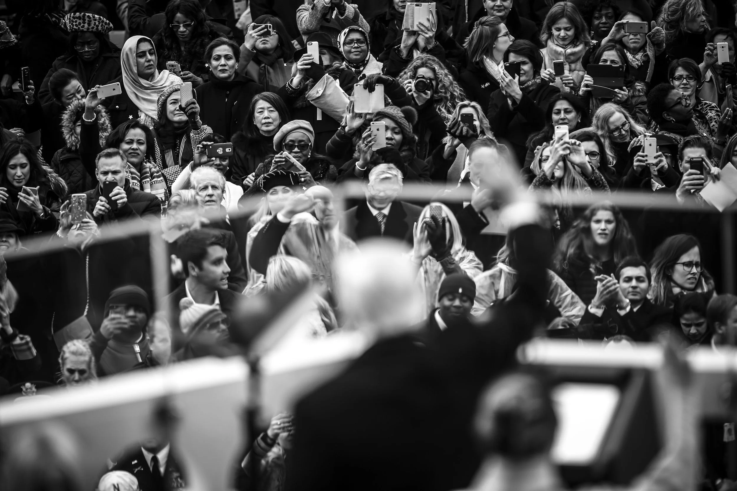 Donald and Melania Trump wave to crowds minutes after Trump was sworn in as the 45th US President. 