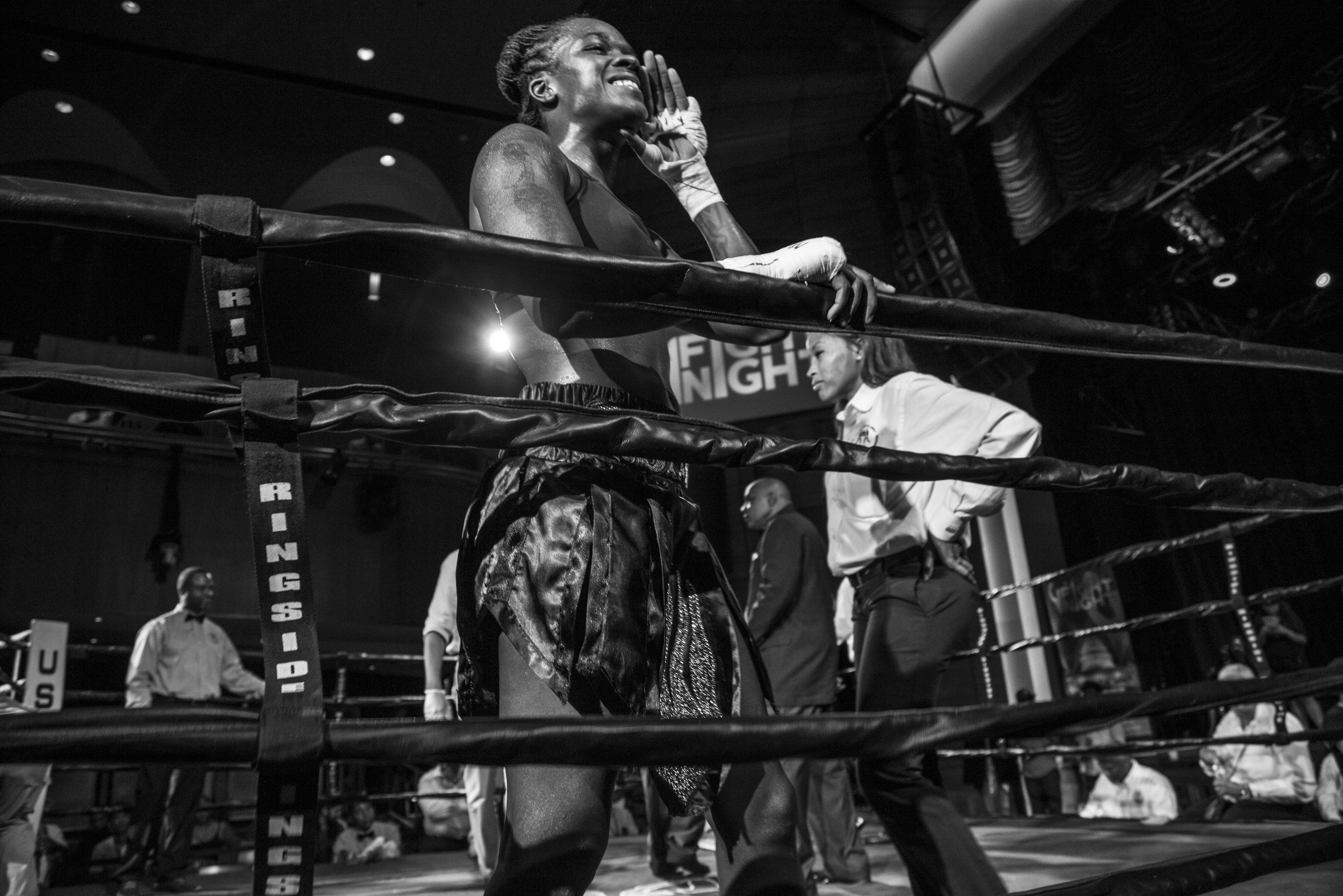   Tiara yells to supporters after winning her second fight by knockout at the Howard Theatre in DC. She holds a 3-0 record, and lacks opportunities to fight due to her opponents backing down.  