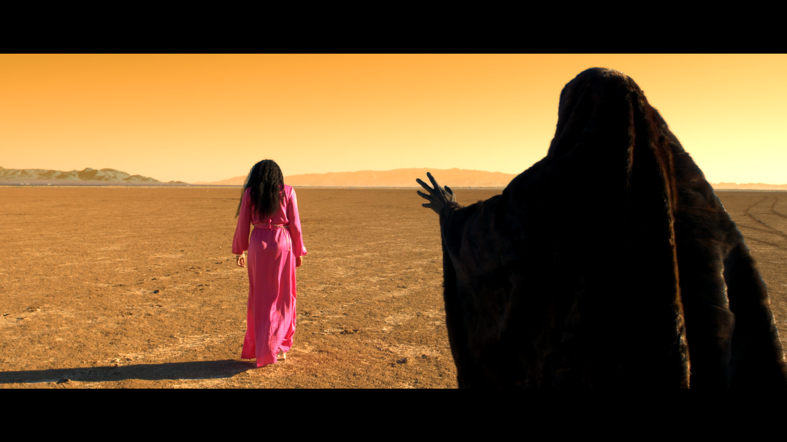 woman in pink dress in desert with demon following her.png