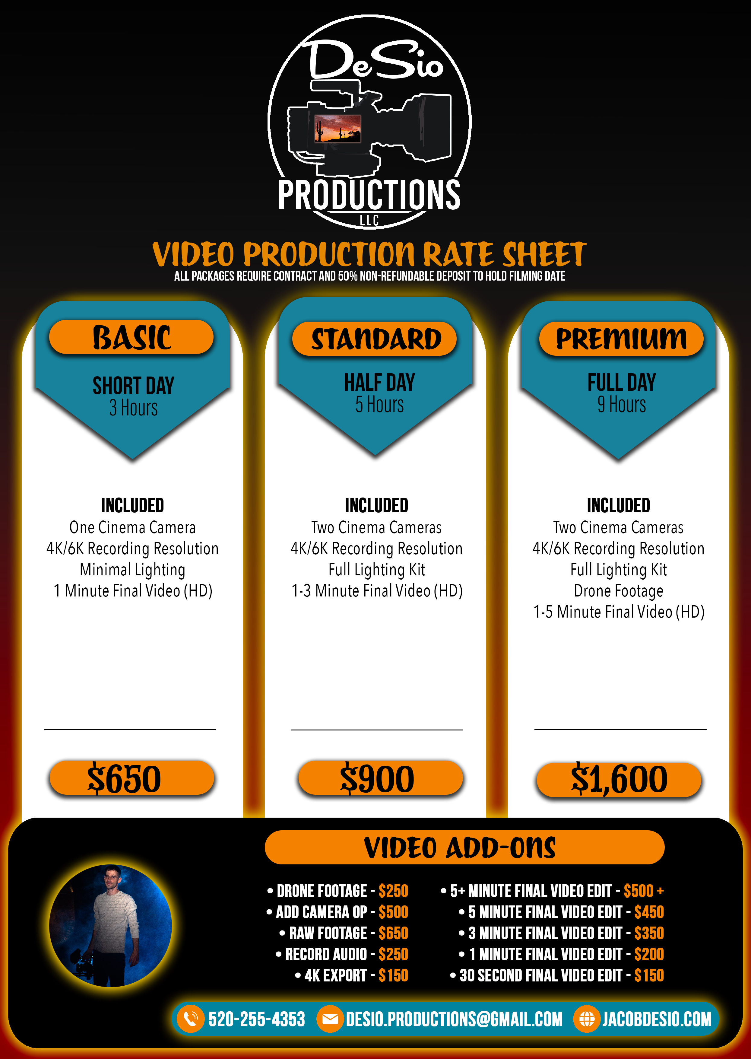 Image of pricing sheet breaking down our services and the associated cost. Broken into three tiers which are "Basic" "Standard" and "Premium" as well as video add-on services