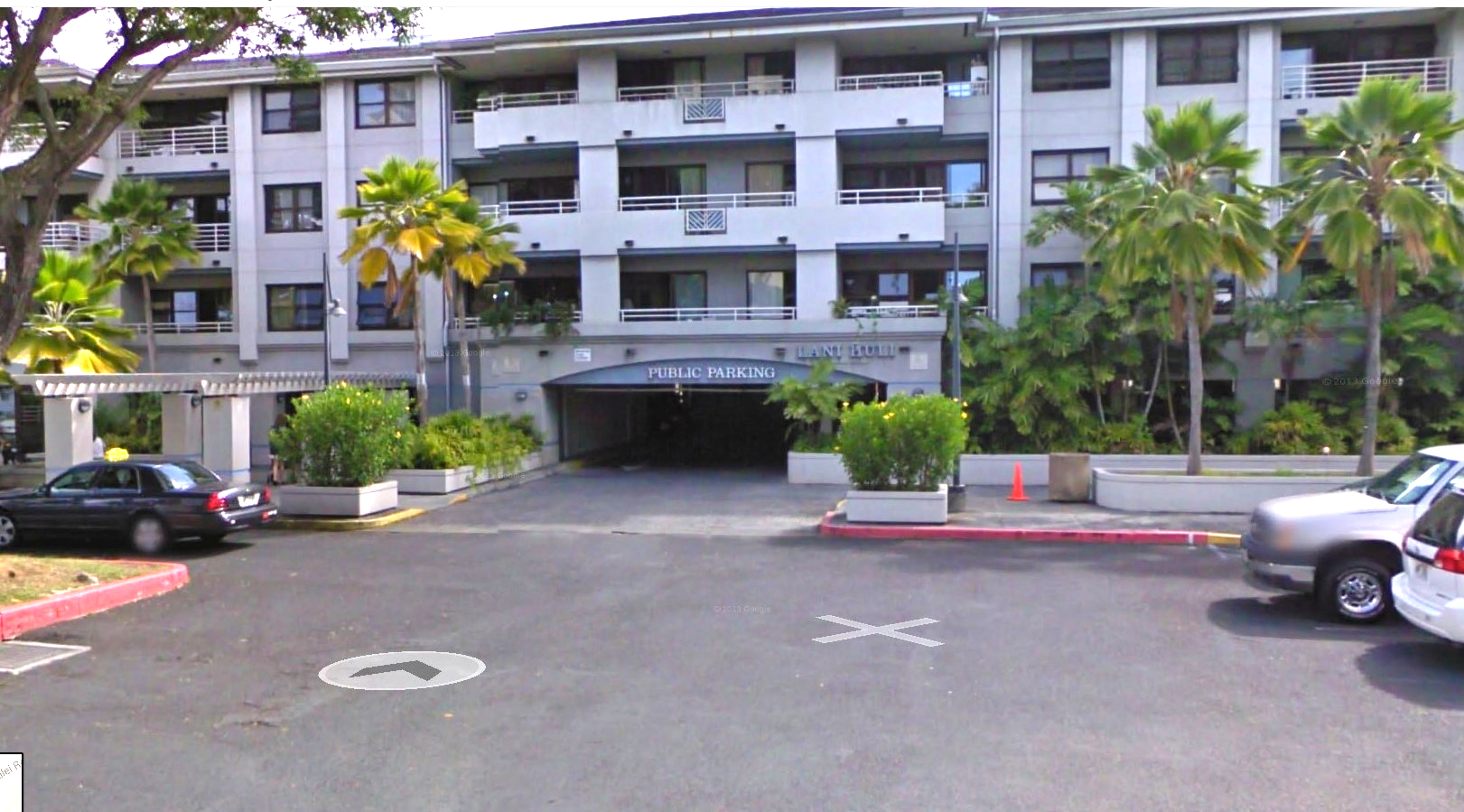Entrance to municipal parking lot.
