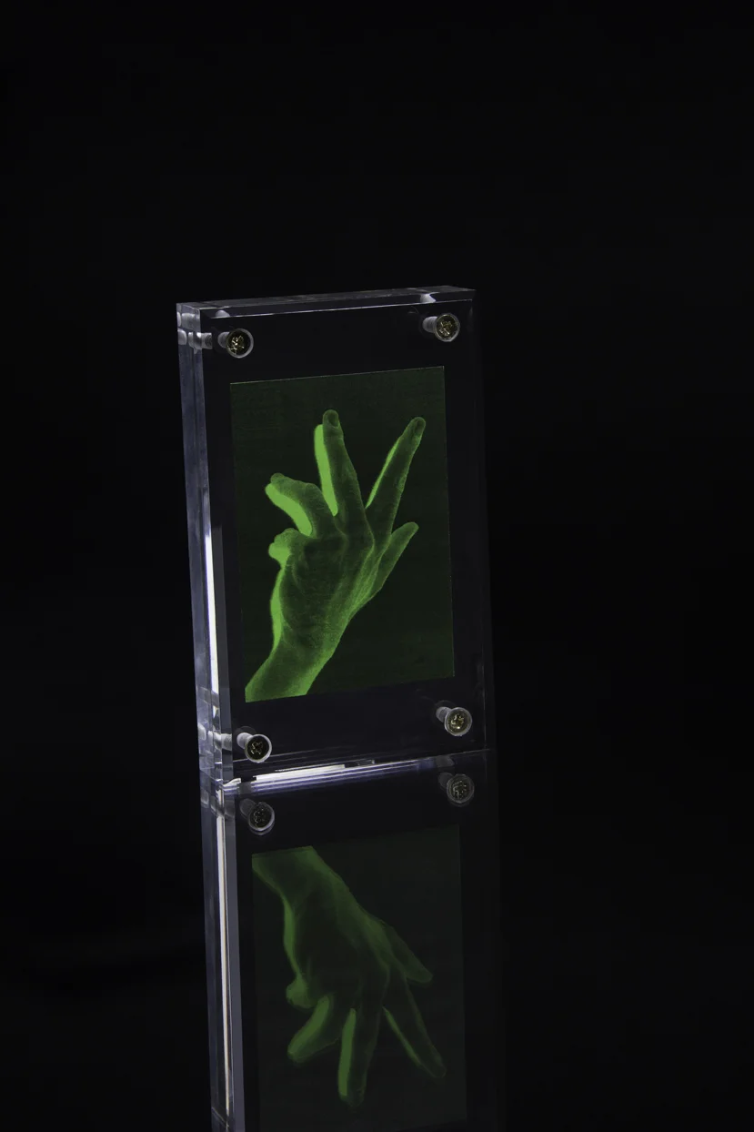 Fig. —1 Scripture, I 14.605cm × 8.89cm, 5.75″ × 3.5″ 1″ Lucite screwdown Top piece beveled 3″ × 4″ Top loaded image Seals of Authenticity sculptures i.—XIV by Linda Zeb Hang / WAY WZA