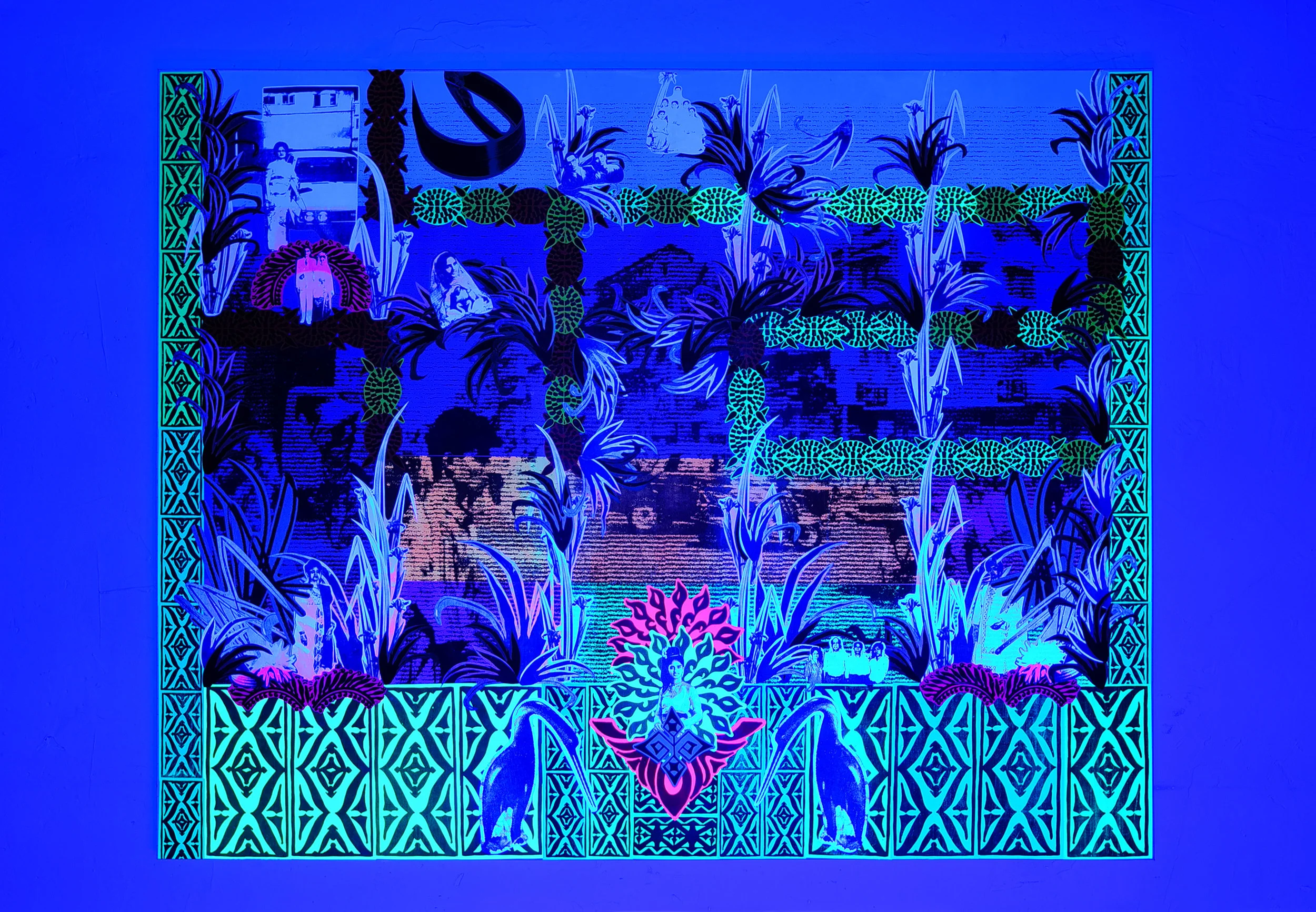 SHERBANU , (UV) 2018; carbon 1970s Bangladesh émigré photography, turtle shell espalier, grass tufts and faceted glass tile drawings on paper, mounted onto canvas — approximately 48 × 60 × 2″, mural installation design variable. Original 1970s Bangladesh émigré photography and collaborative concept by Sean Maung . Drawings, image assemblage on canvas, book design and production by Linda Zeb Hang / WAY WZA.