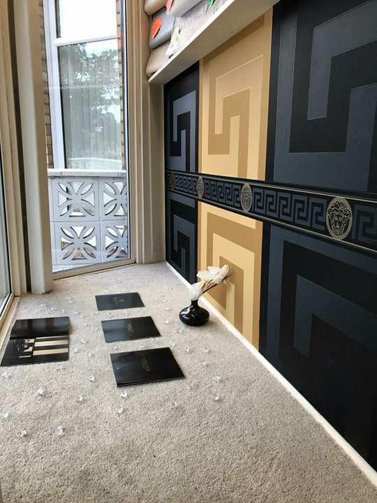 Sample Only Versace Greek Key Wallpaper In Black And Gold Versace Greek Key Wallpaper In Black
