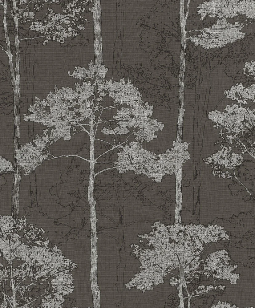 Hyde Park Rasch Wallpaper - Woodland Tree Motif Charcoal/Silver 410839