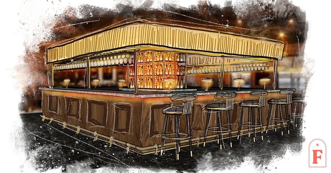 🖋 Sneak peek alert! 
An artistic sketch offering a glimpse into our latest project in the making. 

Authentic charm, allure, and a moody ambiance await - a space where time seems to stand still. 
Picture a stunning island bar design, complete with a