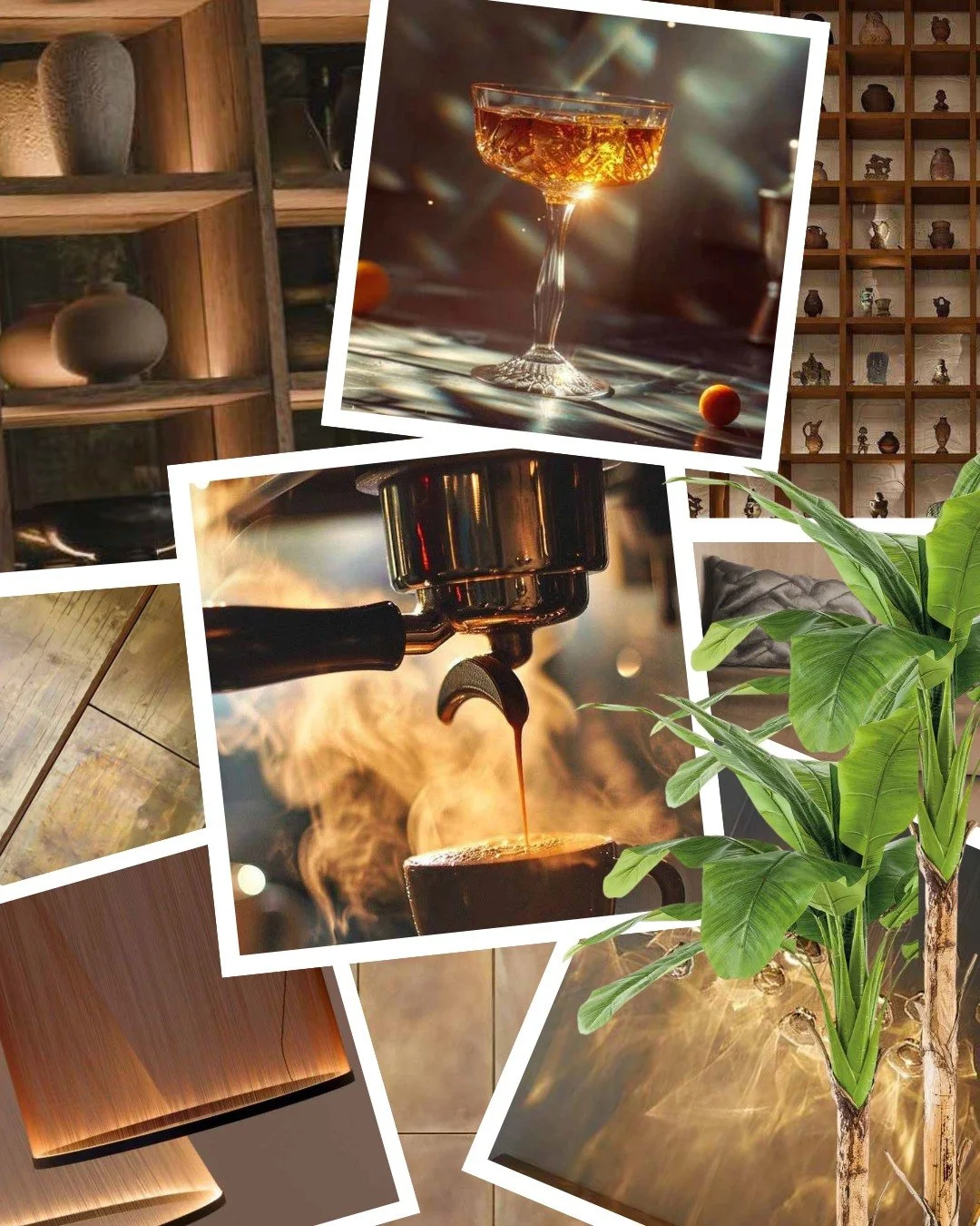 A closer look at one of many moments coming to life for an international project. 🍸🔥💫

This moodboard explores the mocktail bar and coffee station,  a glowing focal point within the wider restaurant space.

Shimmering golds meet raw, organic forms