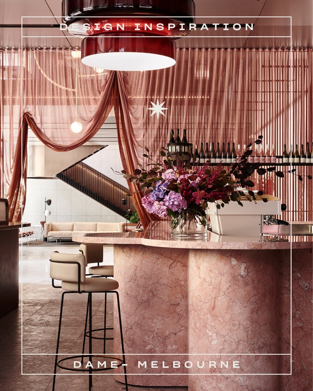 This week&rsquo;s design inspo spotlight goes to @dame.melbourne. ✨🌸

This beautiful bar and restaurant was brought to life by interiors studio @bergmanandco, inspired by a fictional 1980s muse known for being powerful, well-connected and unapologet