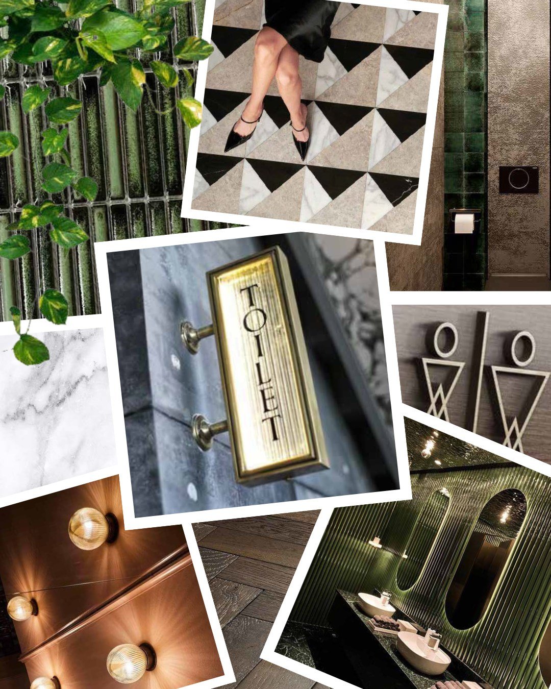 A little Art Deco moment for these WCs. 🚽✨

This moodboard takes a closer look at the bathrooms of a cosy, laid-back bar in the States, blending subtle Art Deco influences with a relaxed, rustic saloon vibe.

We chose emerald-green wall tiles for th