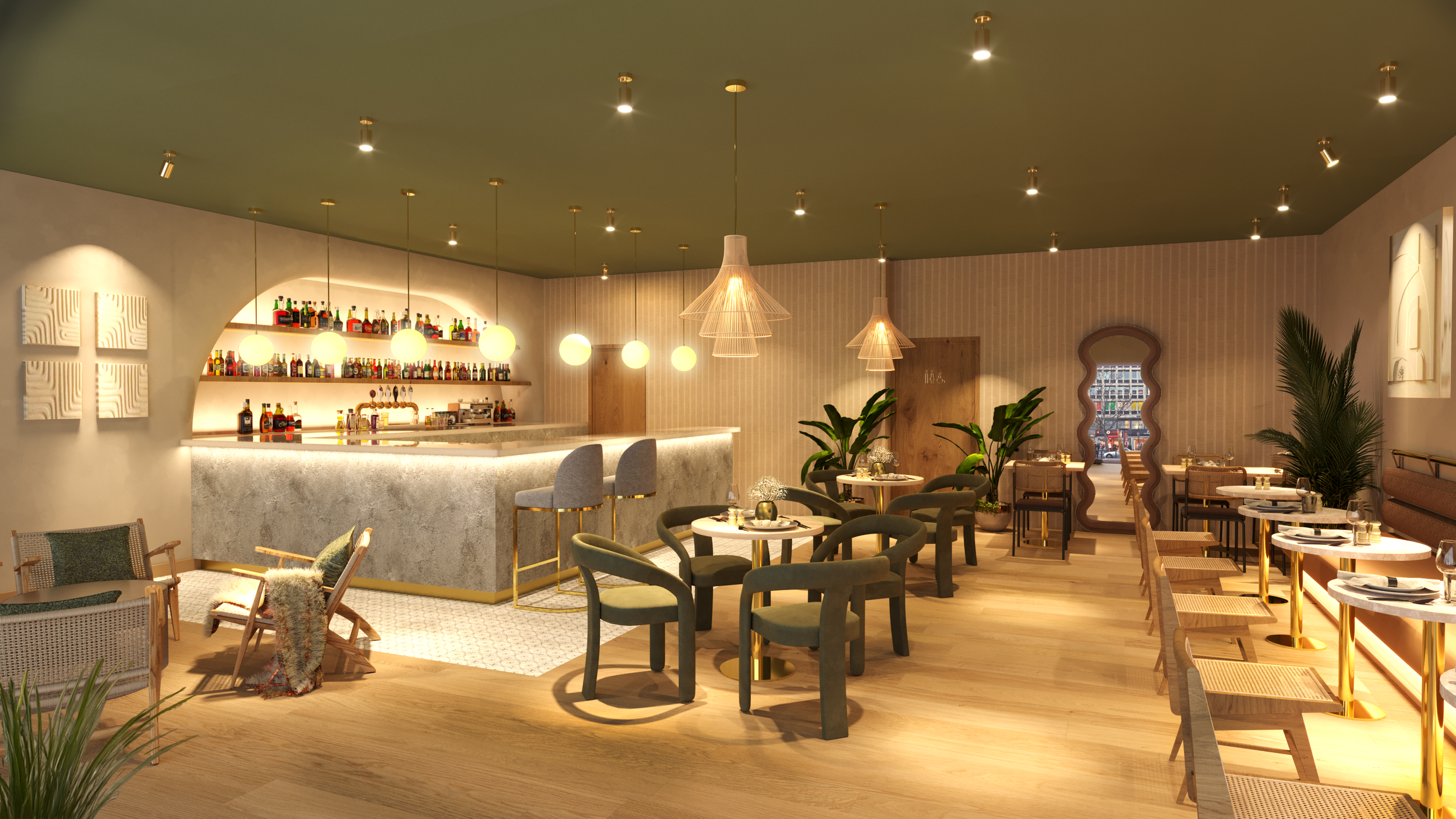 Budget-friendly restaurant interior concept – neutral tones and earthy textures from FiFi Instant's Amara kit