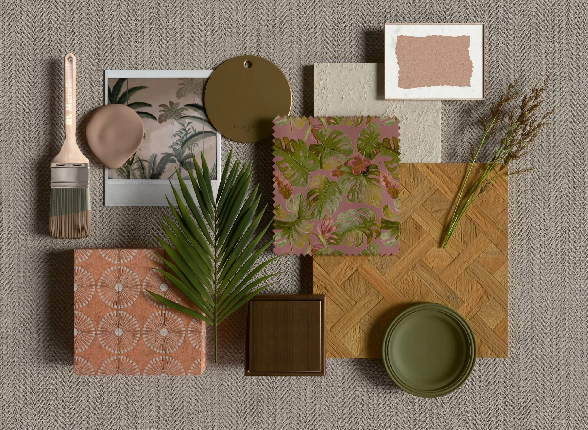 Tropical moodboard for restaurant interiors – breezy, natural design featuring soft neutrals and light wood textures from the Paloma kit