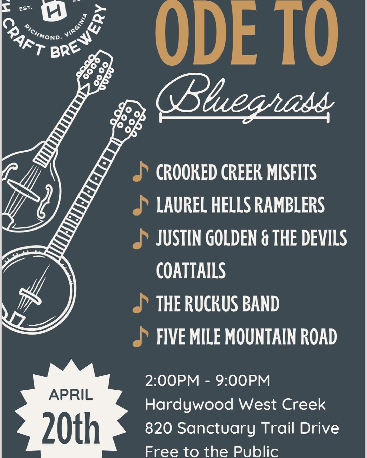 Three Hot Seats - adjacent opportunities over the next week!

Saturday, 4/20: Hardywood Ode to Bluegrass at @hardywoodwestcreek 
2-9pm, free!
We aren&rsquo;t playing but @pfbearman booked the whole day and will be mc&rsquo;ing the event, featuring @t