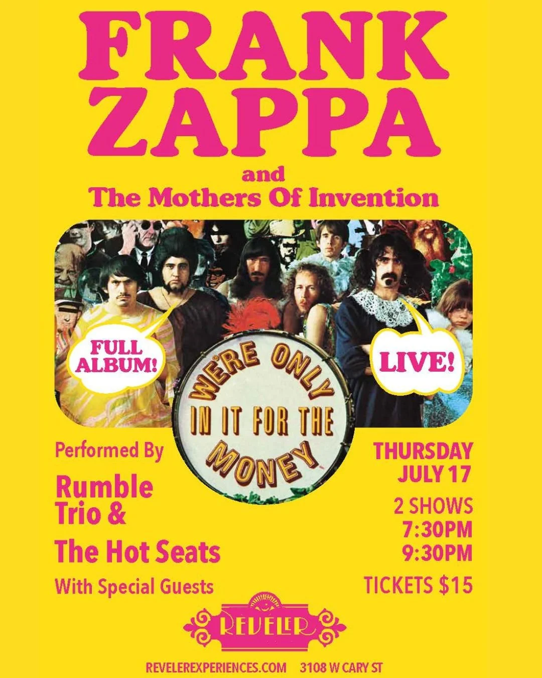 It's a fun week for us!

Thursday, July 17
Reveler Experiences - Carytown
Jake, Rudy, and Josh are joining our pals from the Rumble Trio and a few other friends to perform We're Only In It For The Money by Frank Zappa &amp; The Mothers of Invention. 