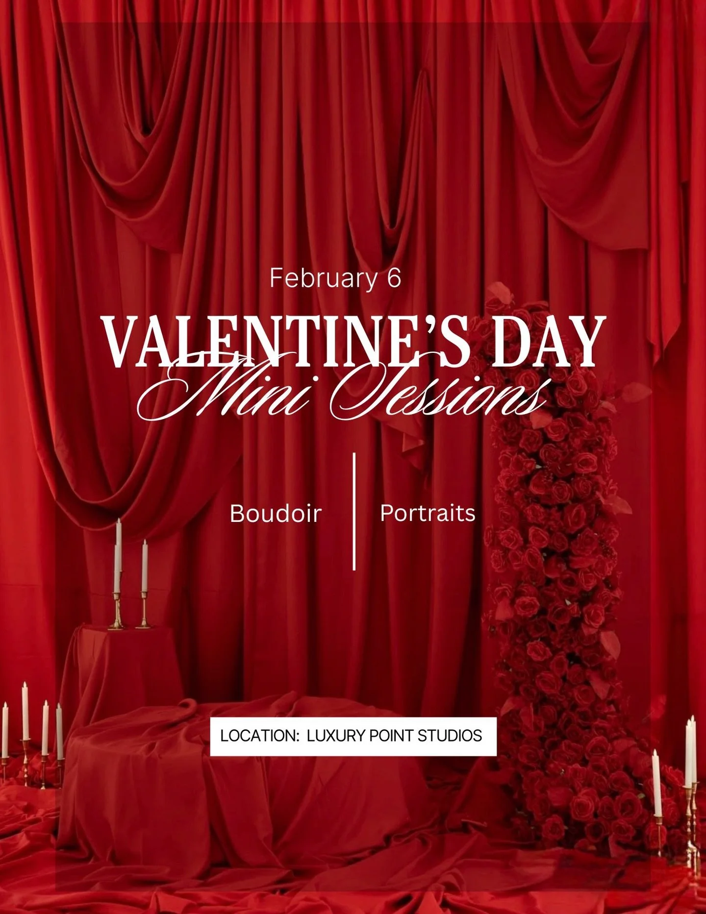 I am so excited to be offering Valentine&rsquo;s Day. mini sessions this year at the beautiful Luxury Point Studio! It is currently decorated to fit the theme and is waiting for you to arrive! 

💋 When: Friday, February 6, 2026

💋 Where: @luxurypoi