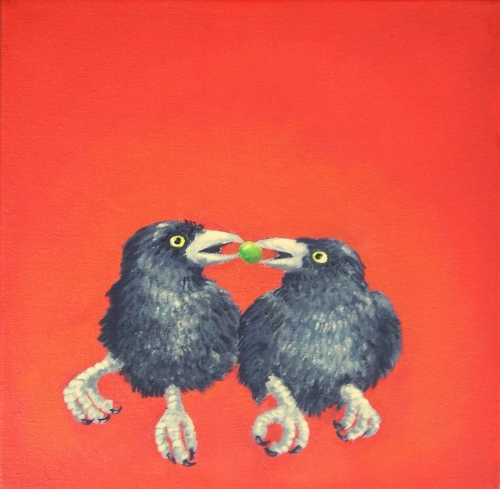 Fledgling Crows with Berry