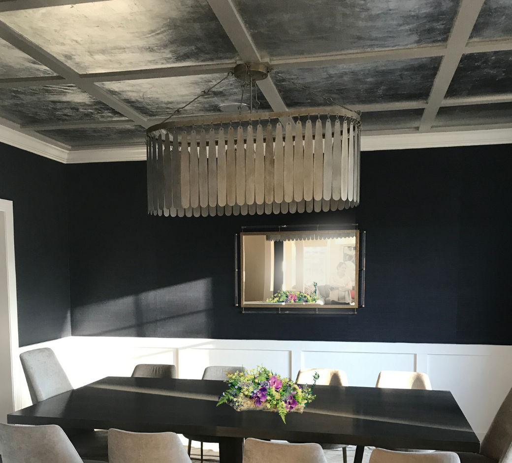 Sleek Scarsdale Dining Room with Silver-Leaf Ceiling