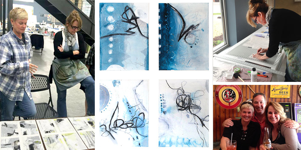 L-R: Sue & I during critique • a snapshot of some small works on paper -returning to my abstract hand • Working away • Having fun with Sue & Jeff in downtown Mineral Point.