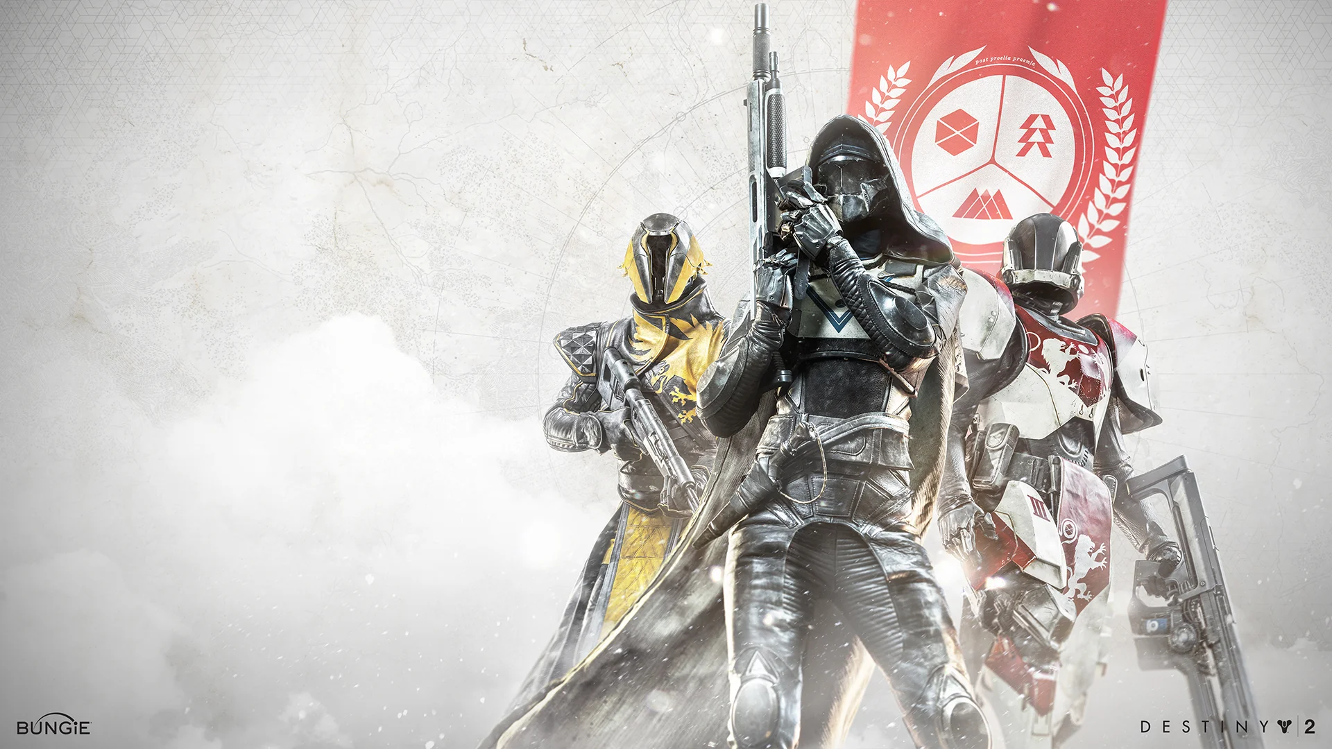 A warlock, hunter, and titan stand ready.
