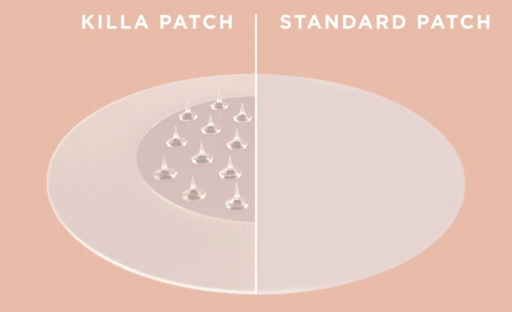 See those tiny spikes? Microdarts! ...and that flat surface on the right? A standard, hydrocolloid patch. KILLA's microdart technology targets the heart of a deep, cystic zit, a hard-to-reach place that standard patches can't access.