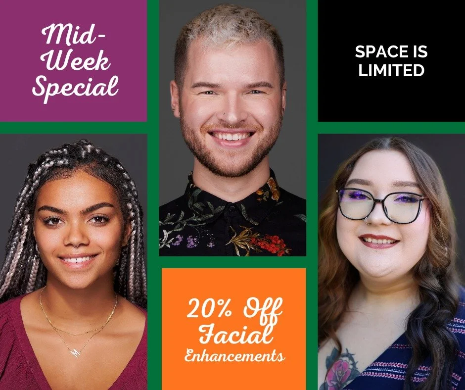 ✨ MID-WEEK SPECIAL ✨
Book one of our regular facials and get 20% off the enhancement of your choice — LED Therapy, Microdermabrasion, GlySalLac 32% Peel, Dermaplaning, or a Collagen Booster.
Valid with Mia, Madeline, and Trevor through Thursda