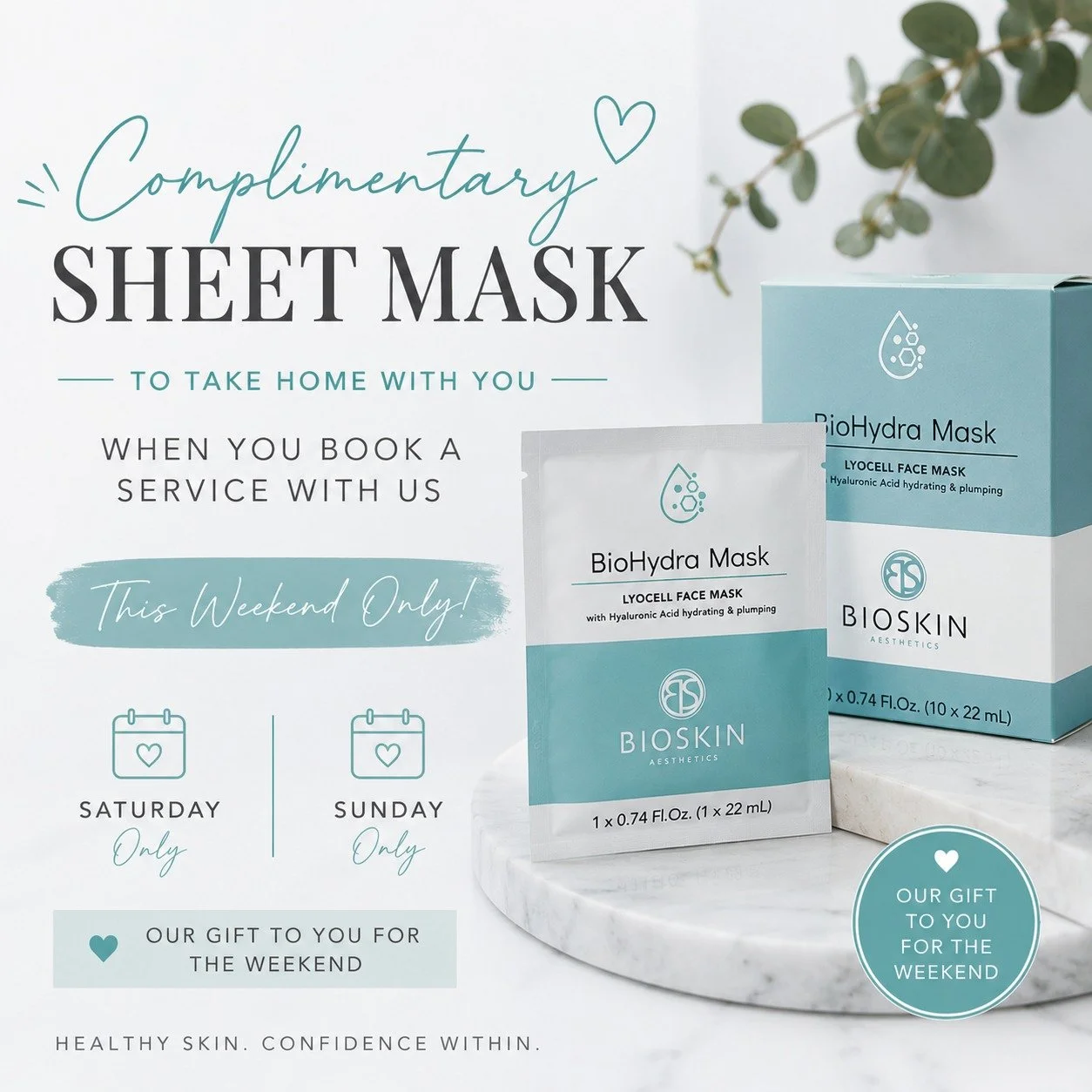 Ready for the weekend? We still have a few last-minute openings available this weekend if your skin is due for some attention. As a thank-you, every client who visits this weekend will receive a complimentary facial sheet mask to take home. (while su