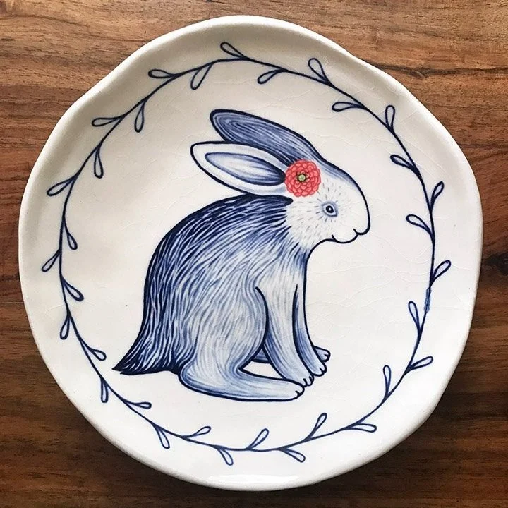 Ceramic painted rabbit plate by Anna Alter.jpg