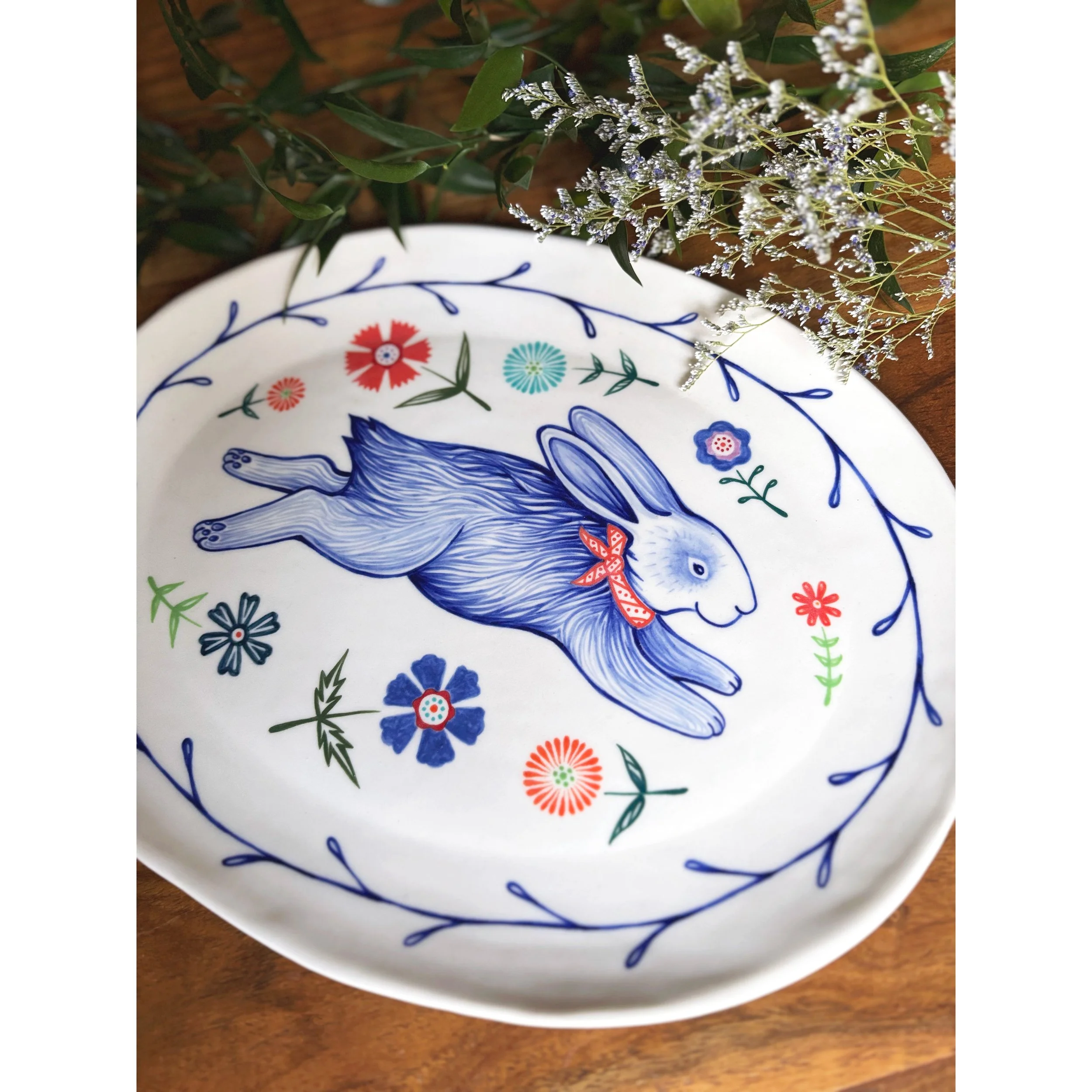 Large blue bunny platter in porcelain
