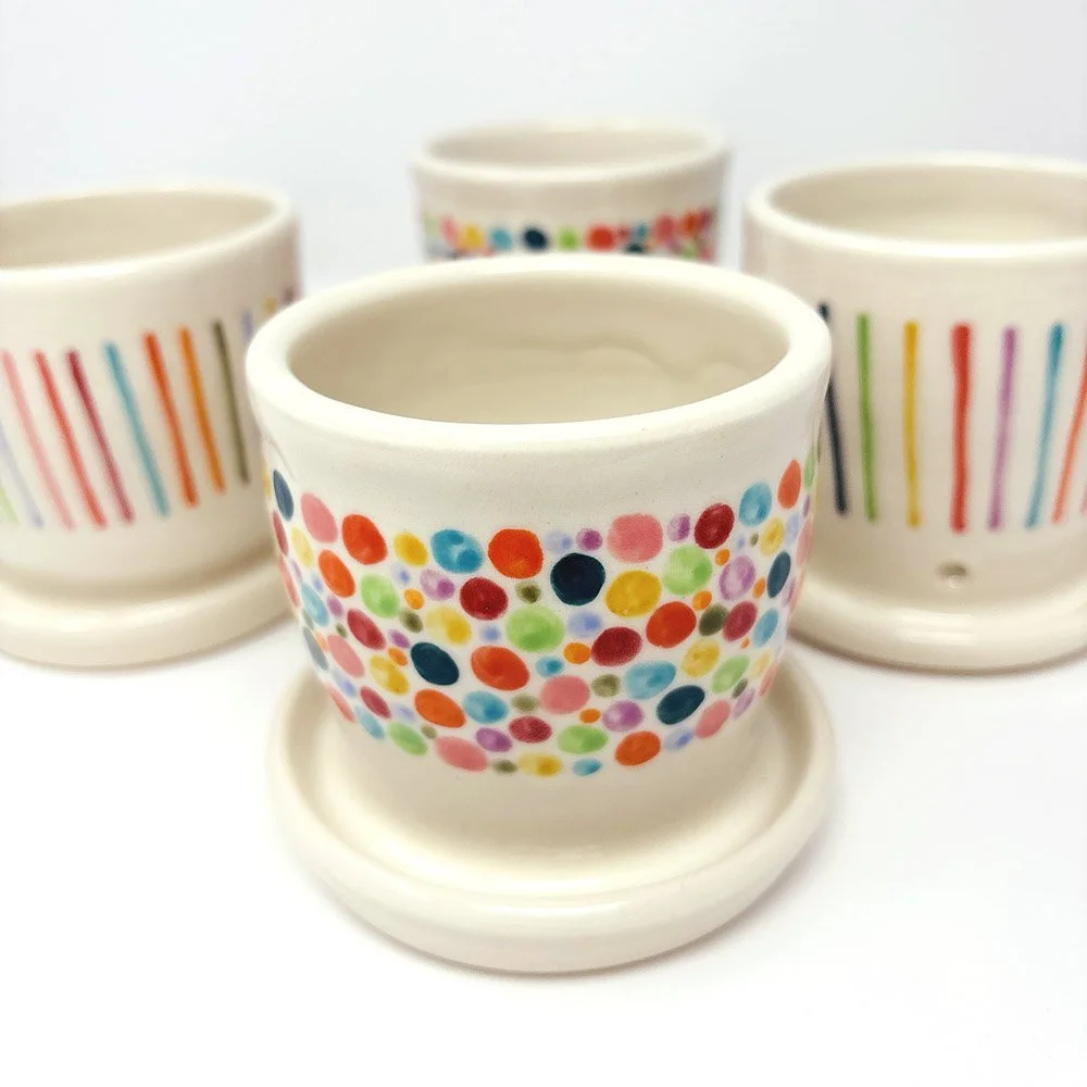 Modern dot and stripe planters in porcelain and speckled white