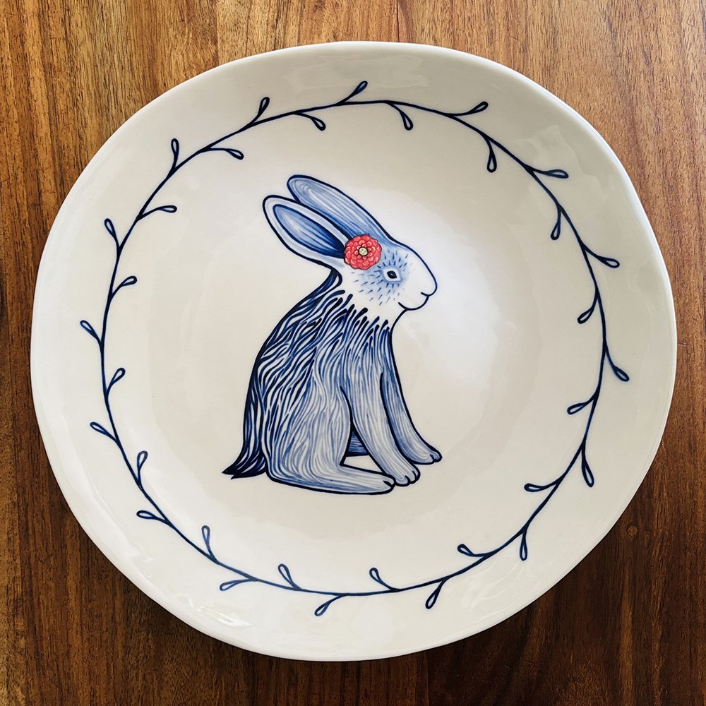 Blue bunny plate in porcelain