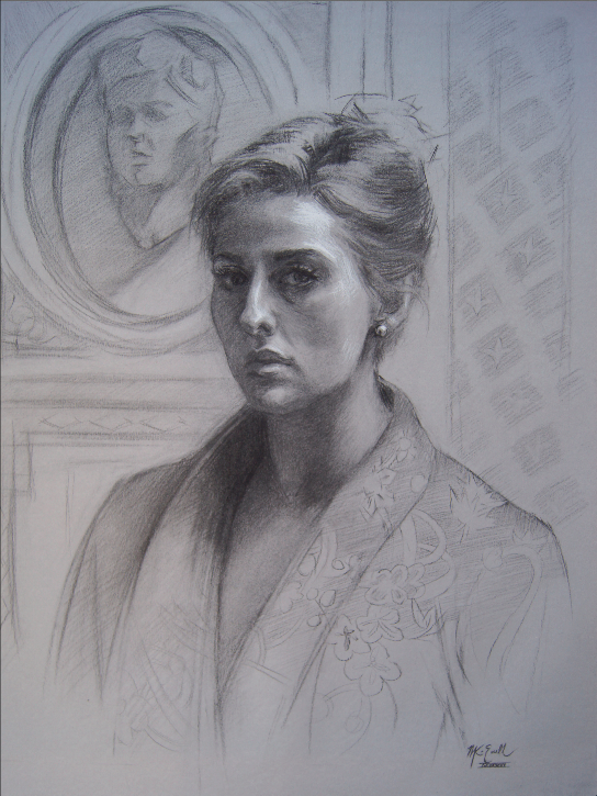 Self Portrait in Kimono, 24" x 19", Charcoal and white chalk on toned paper, $1560