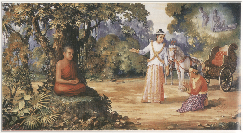 The Four Great Signs, namely — an old man, a sick man, a corpse and a serene mendicant. These made the Prince to realize the unsatisfactoriness of life and urged him to ponder deeply about renunciation. (Photo: www.saraniya.com)