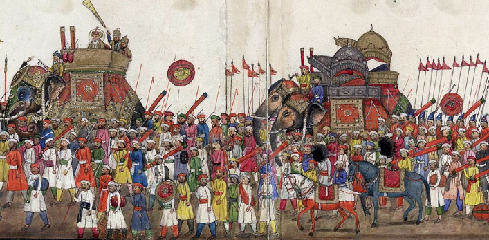 Last Moghul King of India, Emperor Bahadur Shah Zafar on his Elephant to the left, and his sons to the right. (photo: Sir Thomas Metcalfe - now in Public Domain)