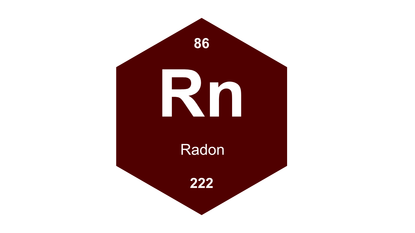 A scientific illustration of the element Radon, with its atomic number 86, atomic weight 222, shown within a dark red hexagon.