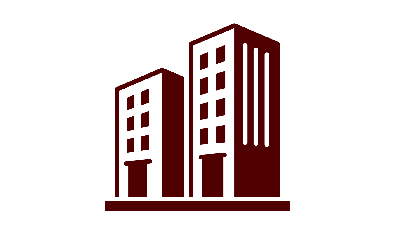 Outline illustration of three tall office buildings in dark red on black background.