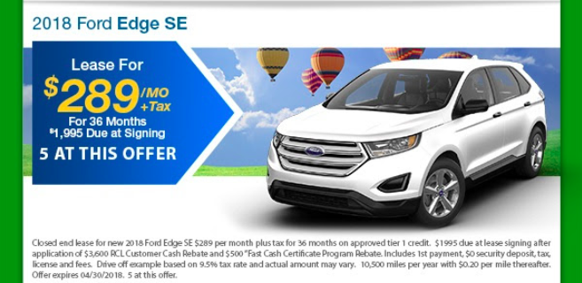 Fine print: "...$289 per month plus tax for 36 months ... $1,995 due at lease signing ... Includes 1st payment, $0 security deposit, tax, license and fees. Drive off example based on 9.5% tax rate and actual amount may vary. 10,500 miles per year with $.20 per mile thereafter..."