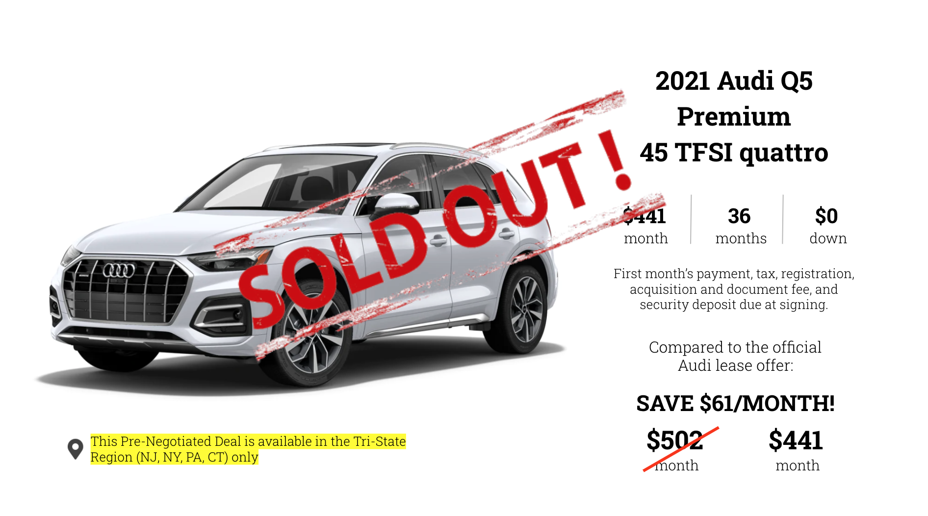 Leasehackr Pre Negotiated Deal 2021 Audi Q5 For 441 Month 0 Down Ttl Sold Out Leasehackr