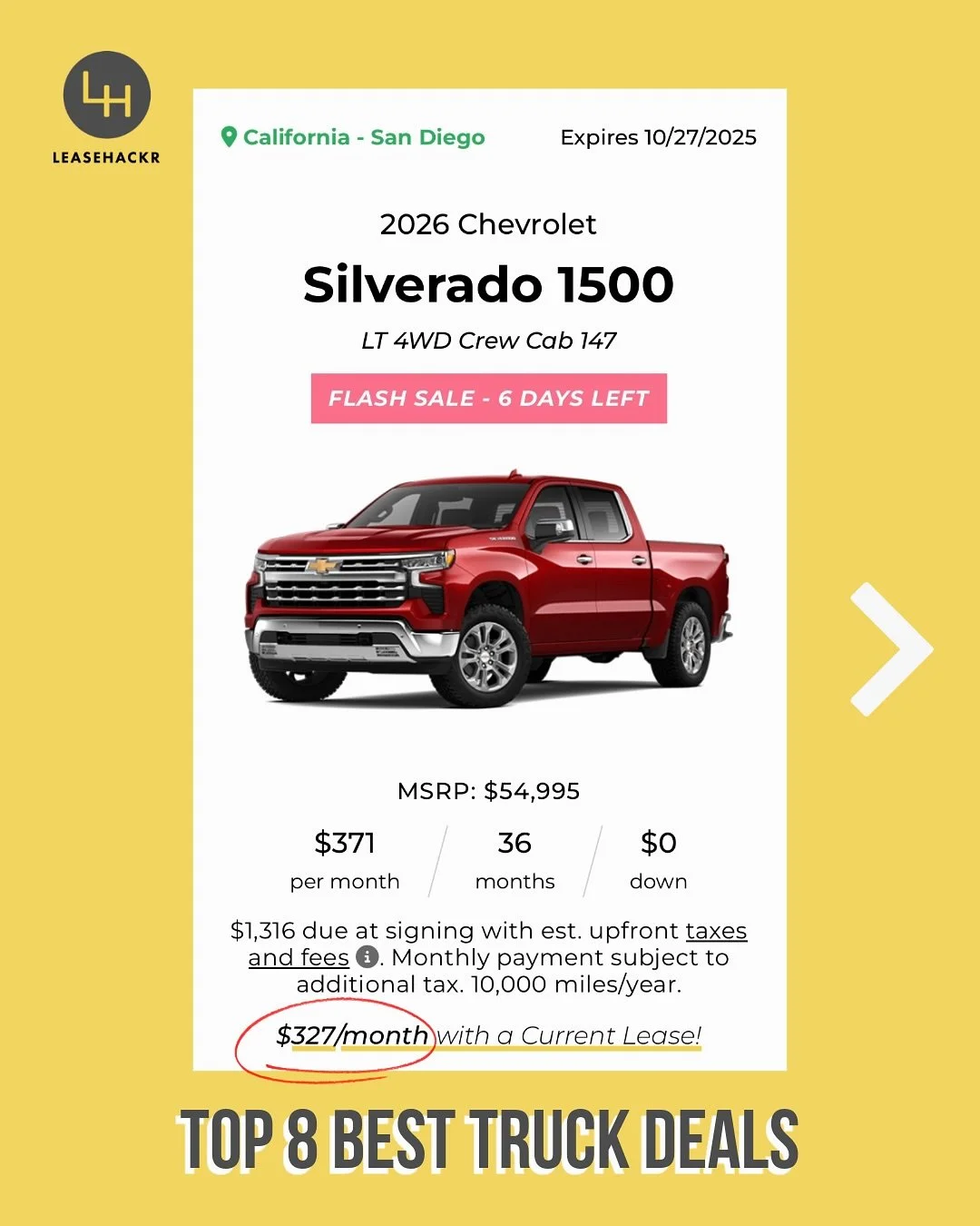 Top 8 Pickup Truck Leases &mdash; Truck Yeah! 🇺🇸

From the rugged Jeep Gladiator to a diesel Super Duty, there&rsquo;s a truck for everyone.

🔥Flash Sale: Lease a 2026 Chevy Silverado 1500 4WD Crew Cab from $371/month + tax with $0 down payment. A