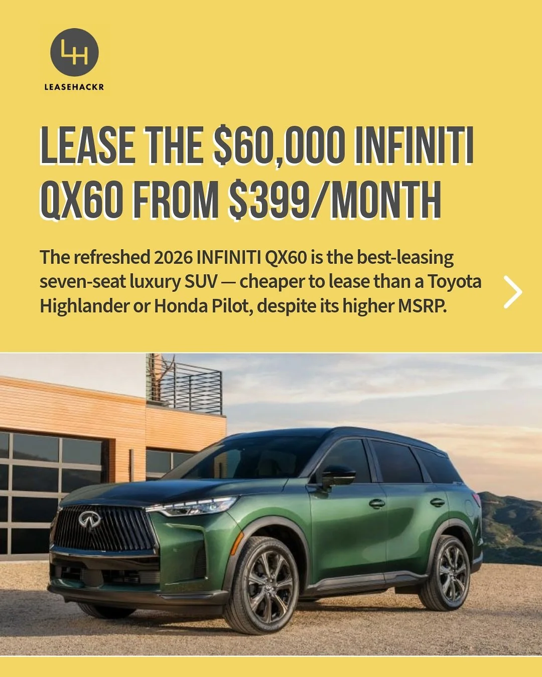 INFINITI&rsquo;s QX60 is the most affordable 3-row luxury SUV to lease this month &mdash; cheaper than even mainstream SUVs like Toyota Highlander or Honda Pilot.

With Multiple Security Deposits, leases can drop to $337/mo (see Florida deal as an ex