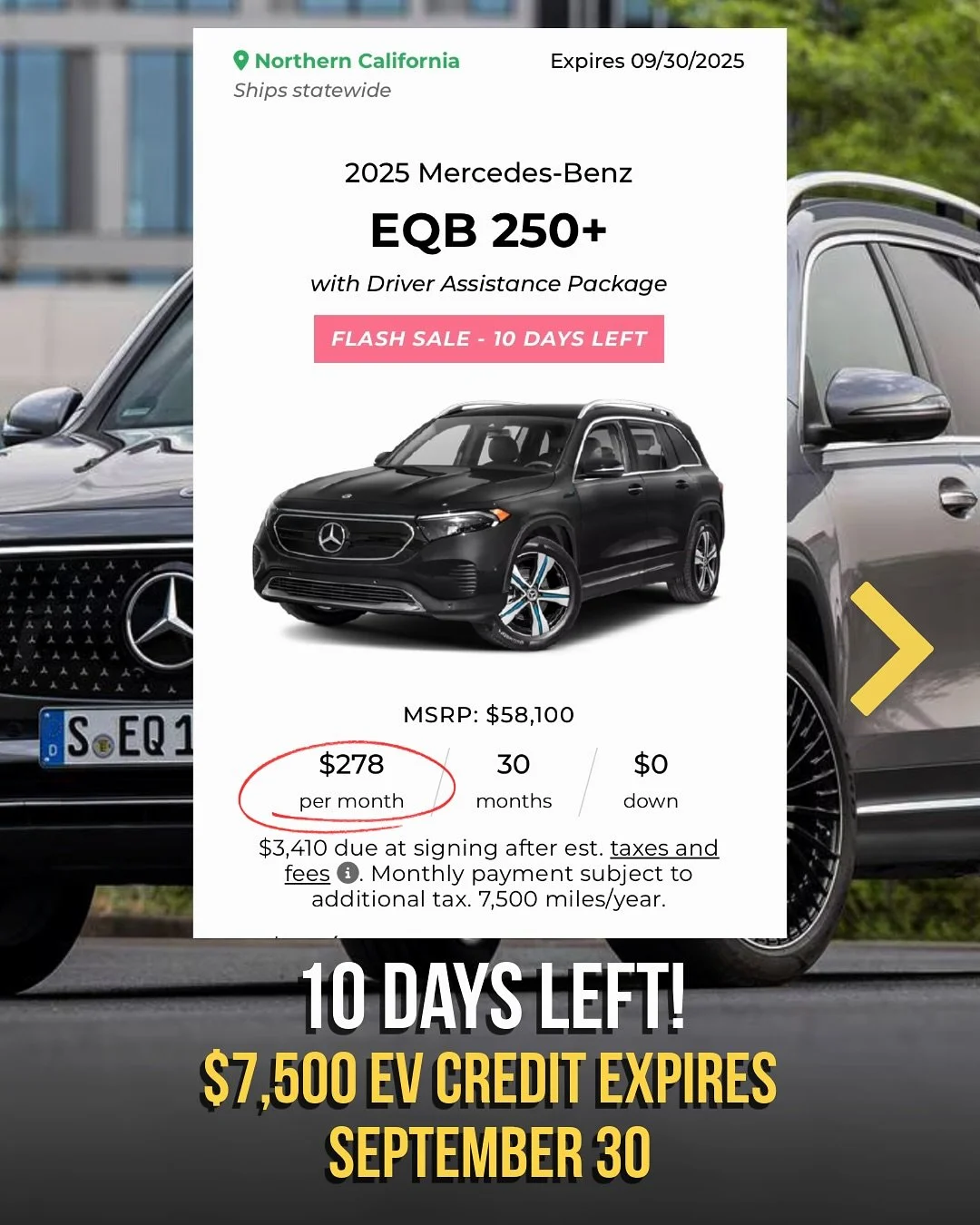 Last chance to lease an EV or PHEV before the $7,500 tax credit is forever gone after 9/30/25!

Best #California Pre-Negotiated Deals:

#Hyundai IONIQ 5 from $172/month
#Dodge Hornet R/T from $197/month
#Mercedes EQB from $278/month
#Jeep Wagoneer S 