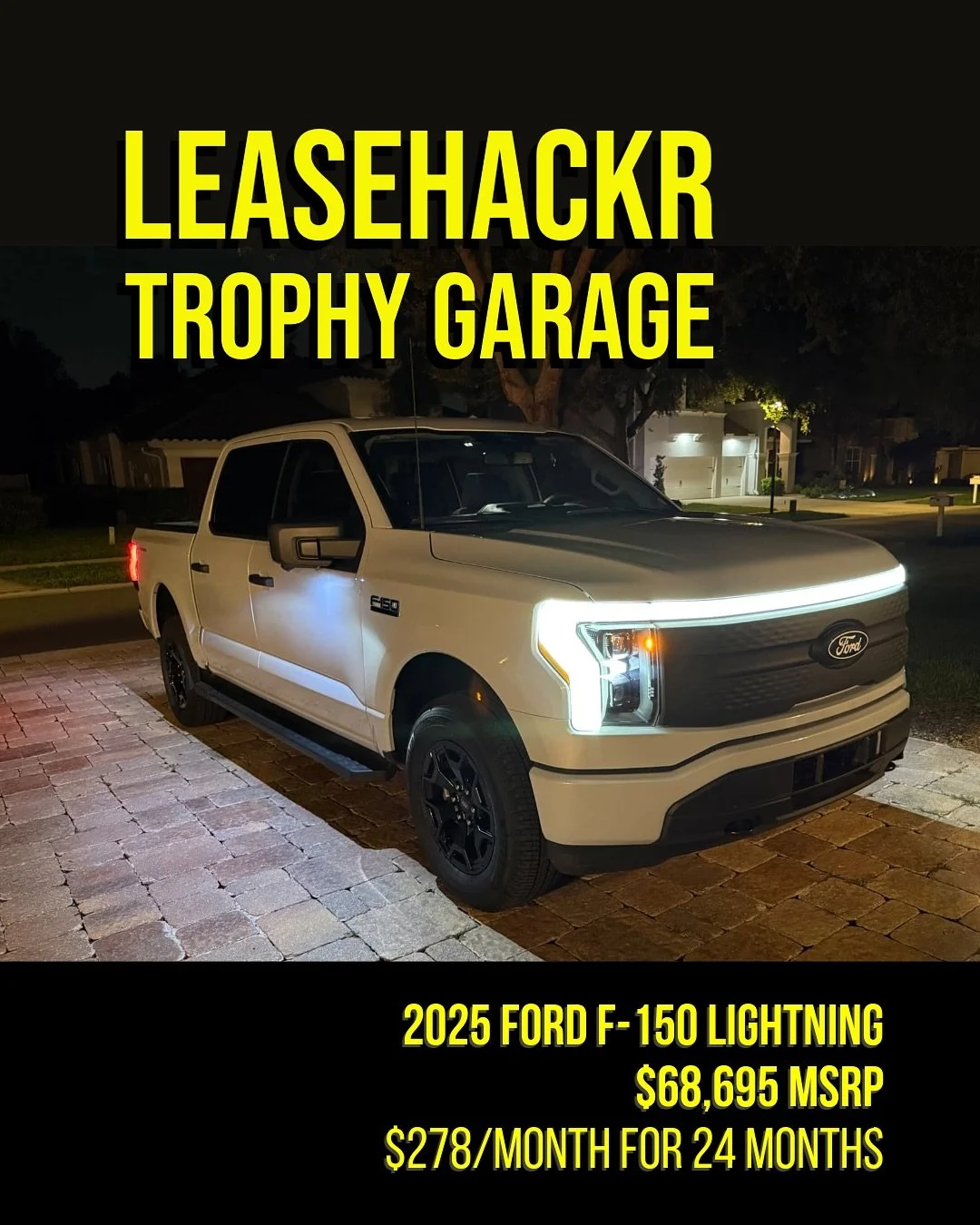 🏆Congrats to Leasehackr member lrodriguez for being this month&rsquo;s Trophy Garage winner! 🏆

As a Super Supporter, lrodriguez used Rate Findr to hack this #unicorn of a lease deal:

2025 Ford F-150 Lightning XLT
$68,695 MSRP
Dealer discount: $8,