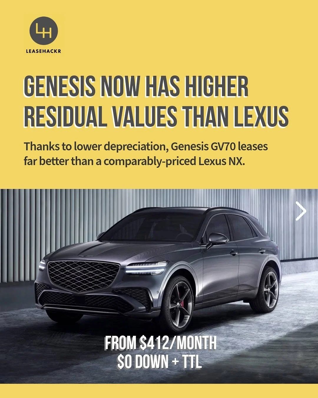 Genesis now beats Lexus on residual value &mdash; and that means better leases.

Why? Captive lenders like Genesis Finance and Lexus Financial Services often subsidize residual values strategically to make leasing more affordable. These residuals don