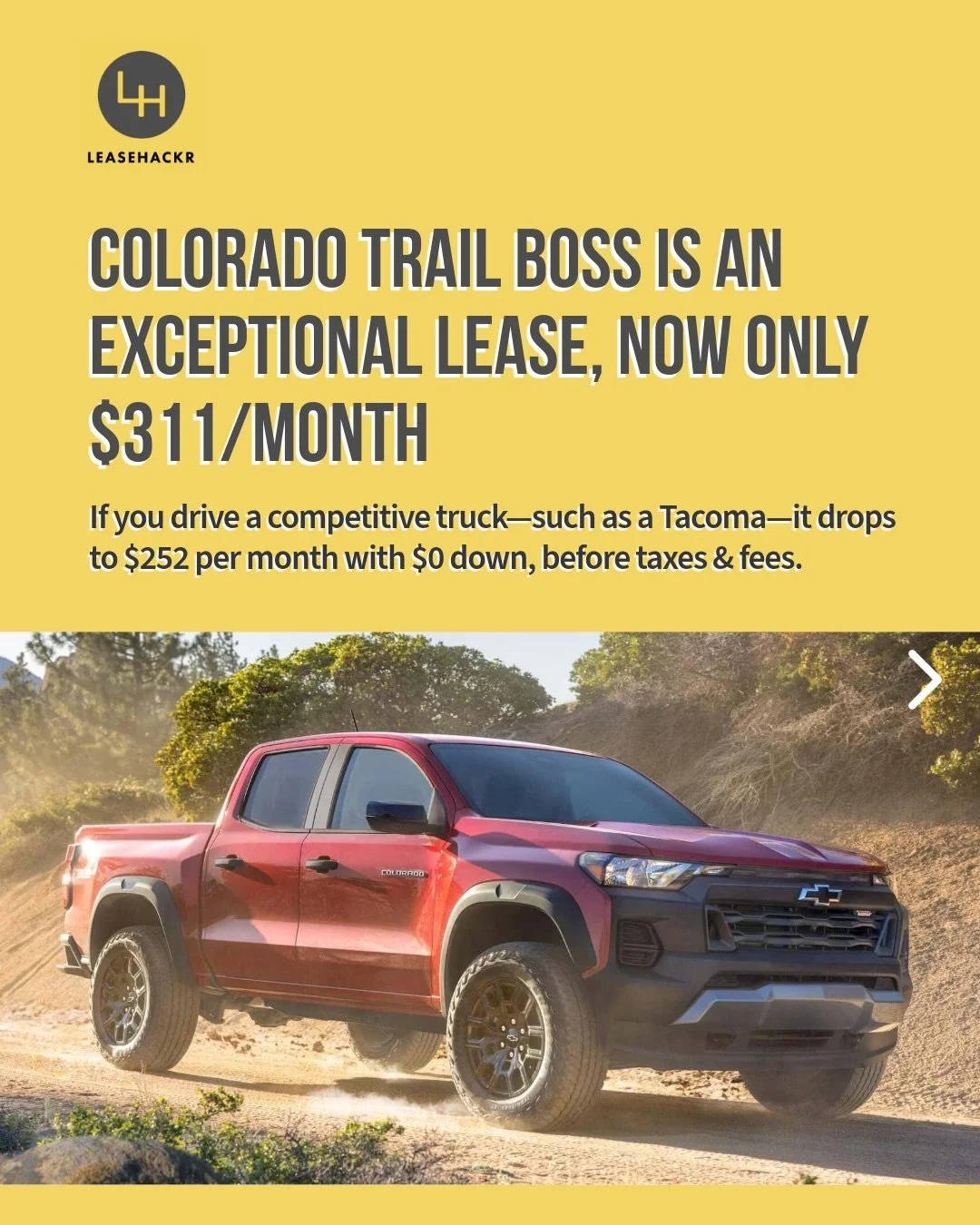This Colorado Trail Boss deal is hard to ignore. 🤯

The Trail Boss is an off-road variant of Chevy&rsquo;s popular midsize truck, equipped with a 2&rdquo; factory lift, 32&rdquo; all-terrain tires, a wider stance, and a locking rear differential. Se