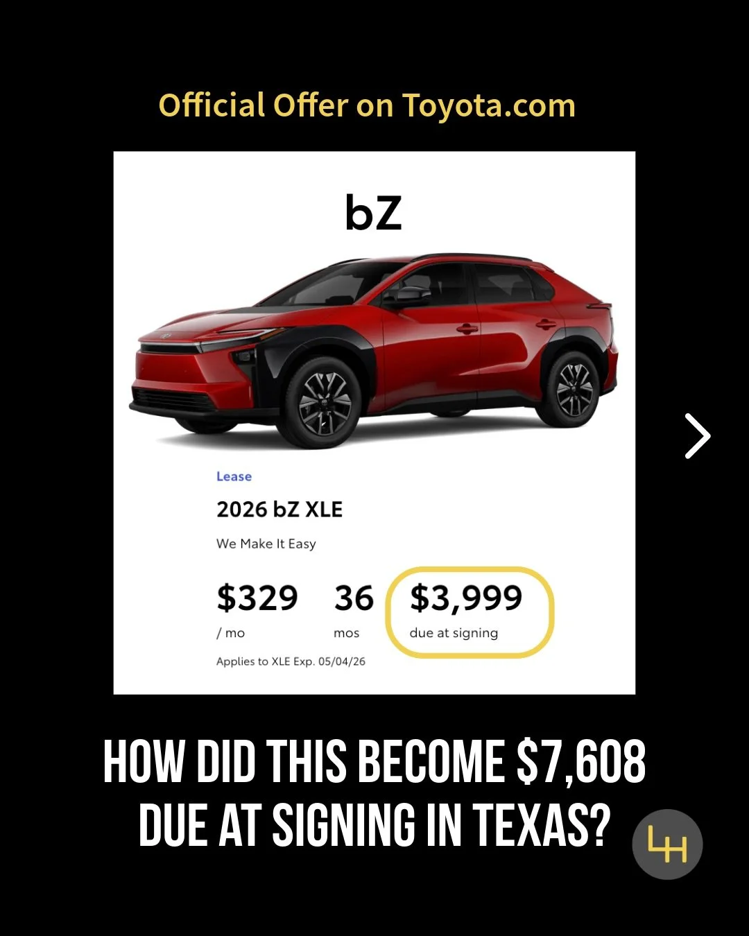 That &ldquo;$3,999 due at signing&rdquo; ad? It doesn&rsquo;t tell the full story.

Manufacturer and dealer ads do NOT include taxes &amp; fees. What you actually pay upfront can be thousands more, depending on where you live.

Take this 2026 Toyota 