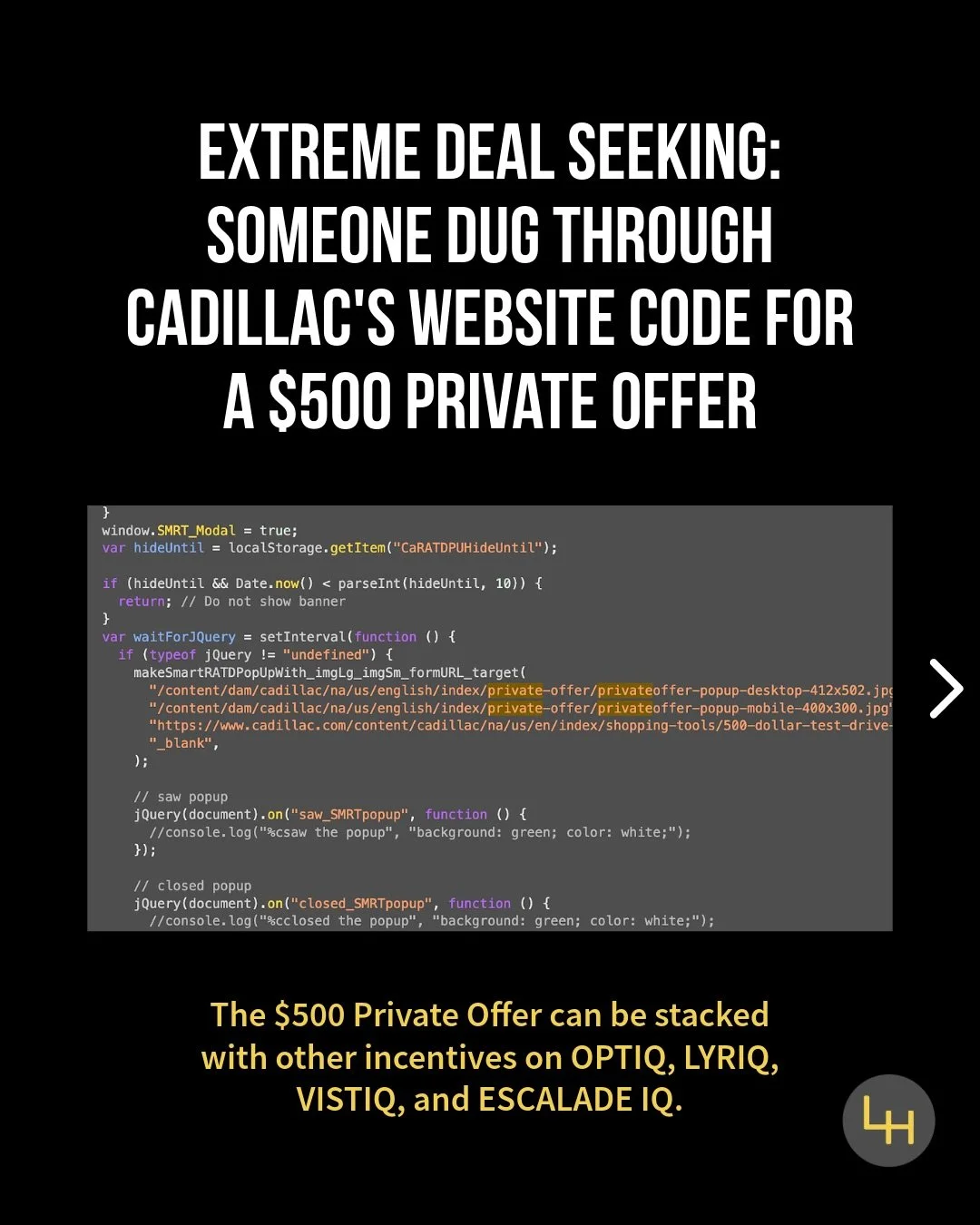 Here&rsquo;s Part 2 of the Leasehackr community going the extra mile to hack a lease deal. 
Cadillac is currently offering a $500 Private Offer that can stack with other incentives on the Cadillac OPTIQ, LYRIQ, VISTIQ, and ESCALADE IQ. The Private Of