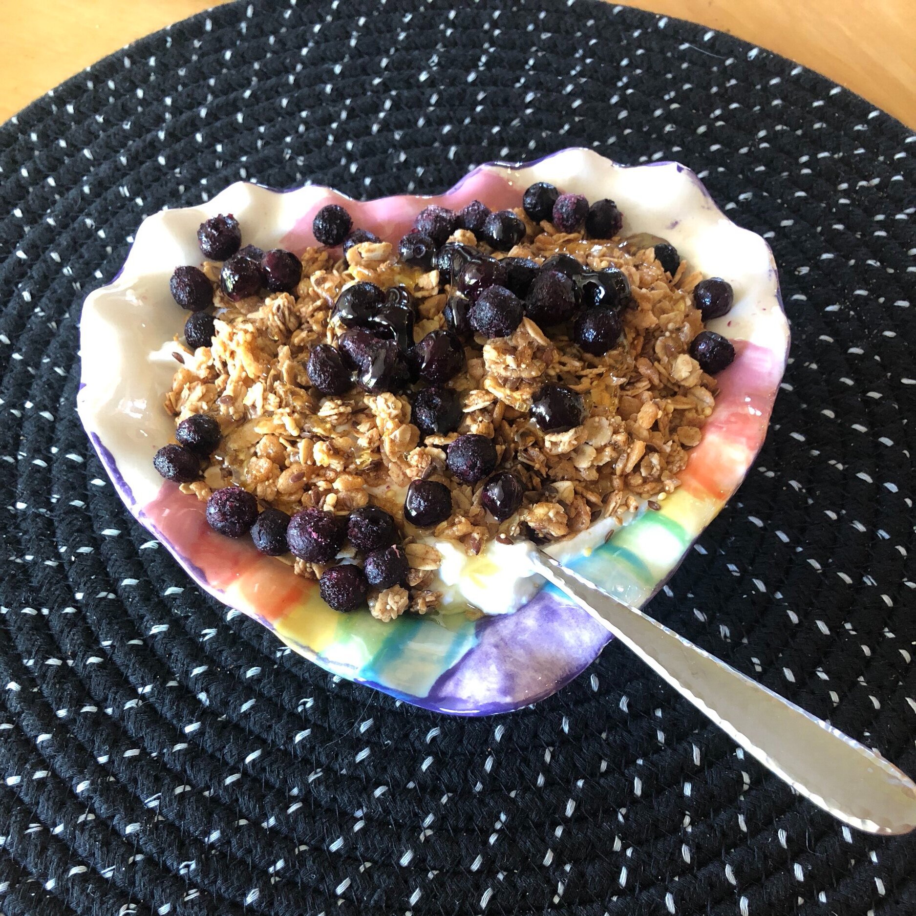 Plain greek yogurt with gluten free granola, blueberries, and honey