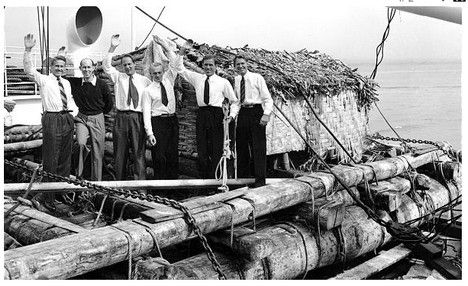 The real crew of the Kon-Tiki setting out on their voyage in 1947