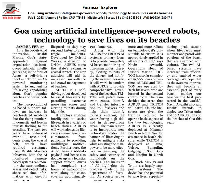 Goa using artificial intelligence-powered robots, technology to save lives on its beachesFinancial Explorer [Jammu].jpg