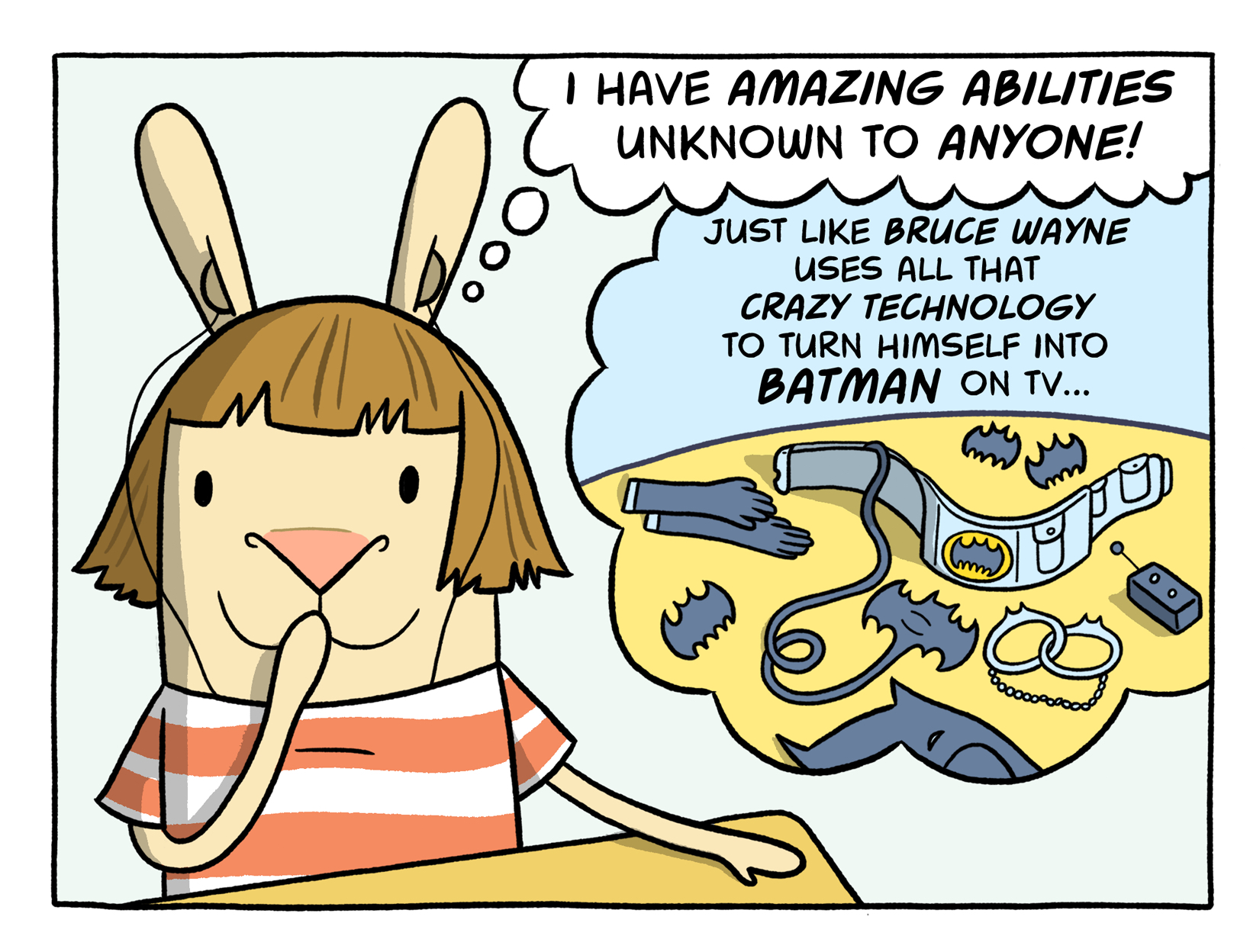 The elaborate Phonic Ear hearing aid and microphone set-up had Cece feeling like a superhero with superpowers! But most of the time she just felt like a confused kid. Was she deaf? And what did that mean? Art © Cece Bell.