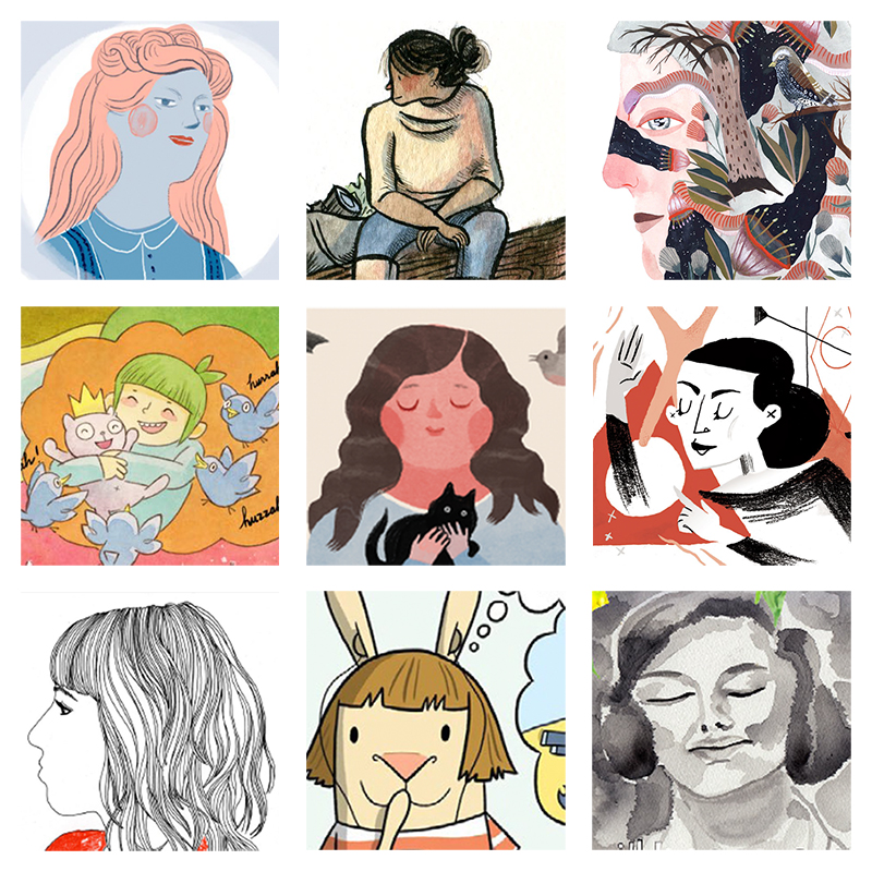 Images left to right: Louise Bourgeois by Elizabeth Haidle (issue 2); sketchbook drawing by Lisa Brown (issue 3); watercolor portrait by Lindsay Stripling (issue 2); "Dream Before Building" by Lark Pien (issue 1); Beatrix Potter by Elizabeth Haidle (issue 3); Martha Graham by Marlowe Dobbe (issue 2); self-portrait by Nina Chakrabarti (issue 3); excerpt from El Deafo by Cece Bell (issue 1); "Hiroshima Mon Amour" by Britt Browne (issue 3)